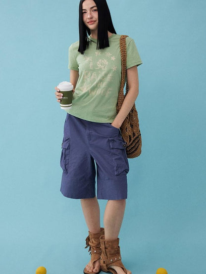 DIDDI MODA Washed Khaki Distressed Multi Pocket High Waist Straight Women&