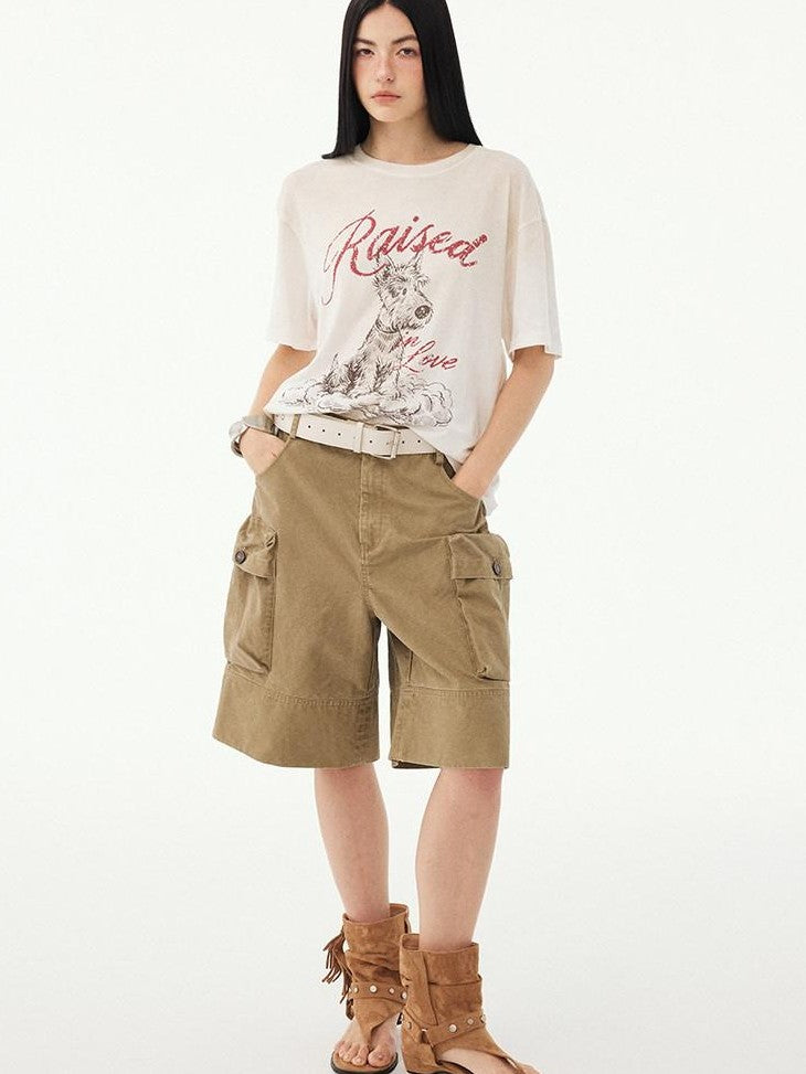 DIDDI MODA Washed Khaki Distressed Multi Pocket High Waist Straight Women&