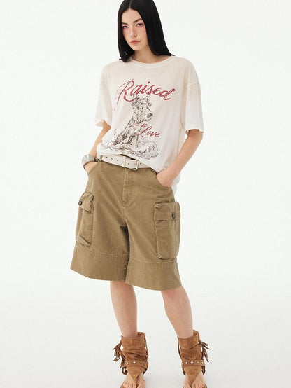 DIDDI MODA Washed Khaki Distressed Multi Pocket High Waist Straight Women&