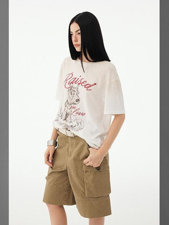 DIDDI MODA Washed Khaki Distressed Multi Pocket High Waist Straight Women&