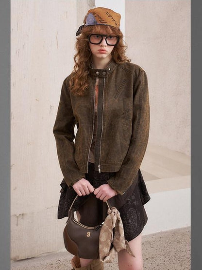 DIDDI MODA Washed Leopard Print Bomber Relaxed Women&