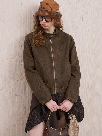 DIDDI MODA Washed Leopard Print Bomber Relaxed Women&