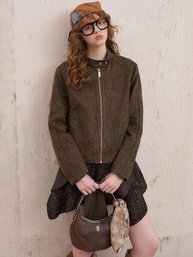 DIDDI MODA Washed Leopard Print Bomber Relaxed Women&