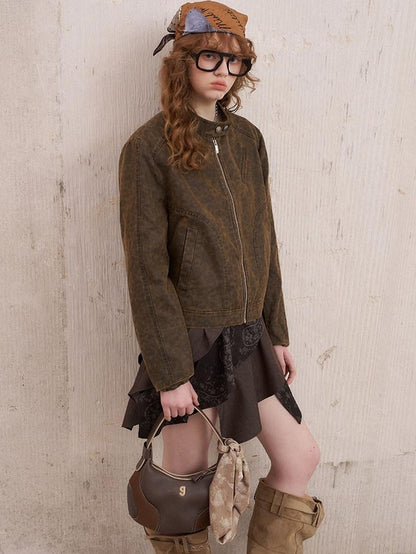 DIDDI MODA Washed Leopard Print Bomber Relaxed Women&