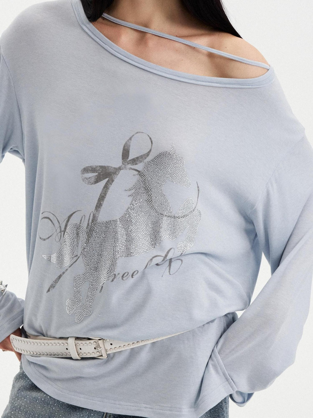 DIDDI MODA Washed Letter Rhinestone Slanted Shoulder Loose Women&