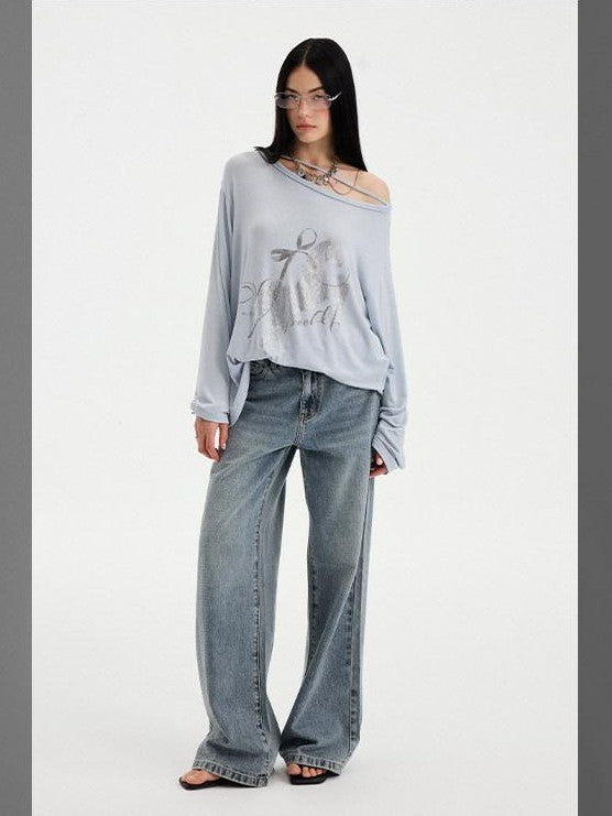 DIDDI MODA Washed Letter Rhinestone Slanted Shoulder Loose Women&