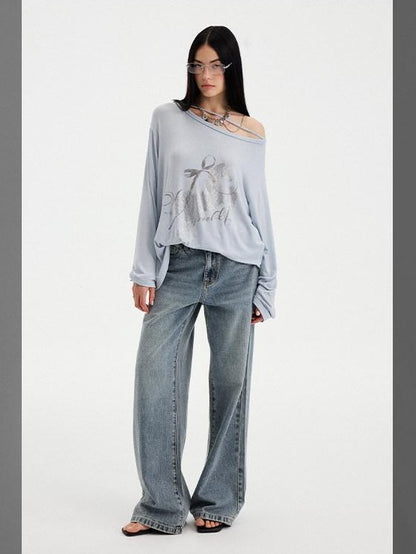 DIDDI MODA Washed Letter Rhinestone Slanted Shoulder Loose Women&