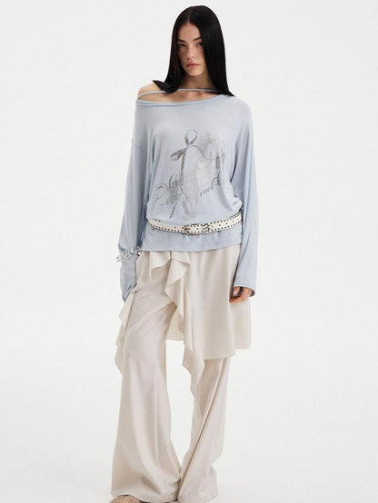 DIDDI MODA Washed Letter Rhinestone Slanted Shoulder Loose Women&