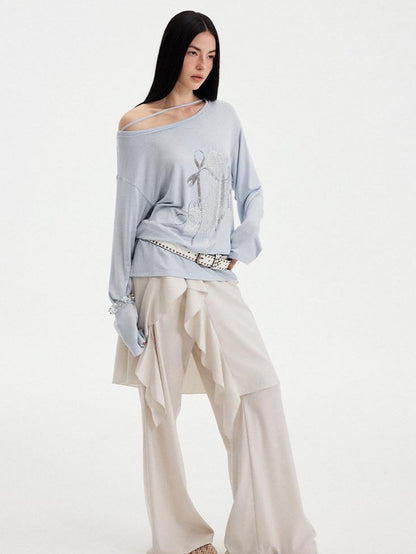 DIDDI MODA Washed Letter Rhinestone Slanted Shoulder Loose Women&