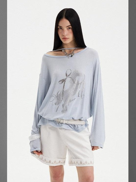 DIDDI MODA Washed Letter Rhinestone Slanted Shoulder Loose Women&