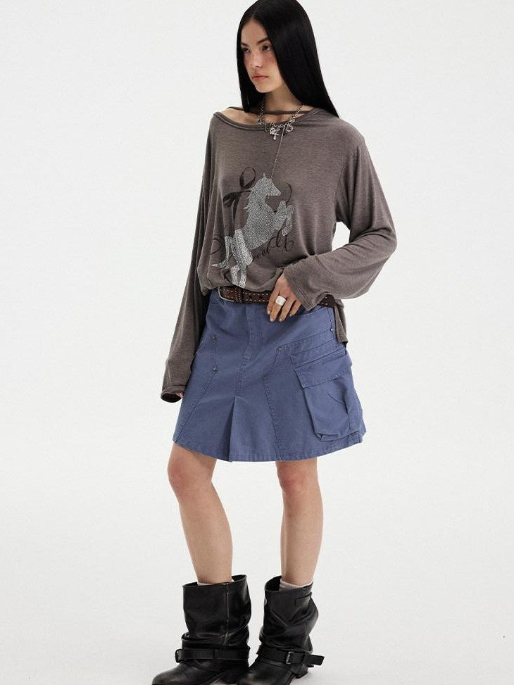 DIDDI MODA Washed Letter Rhinestone Slanted Shoulder Loose Women&