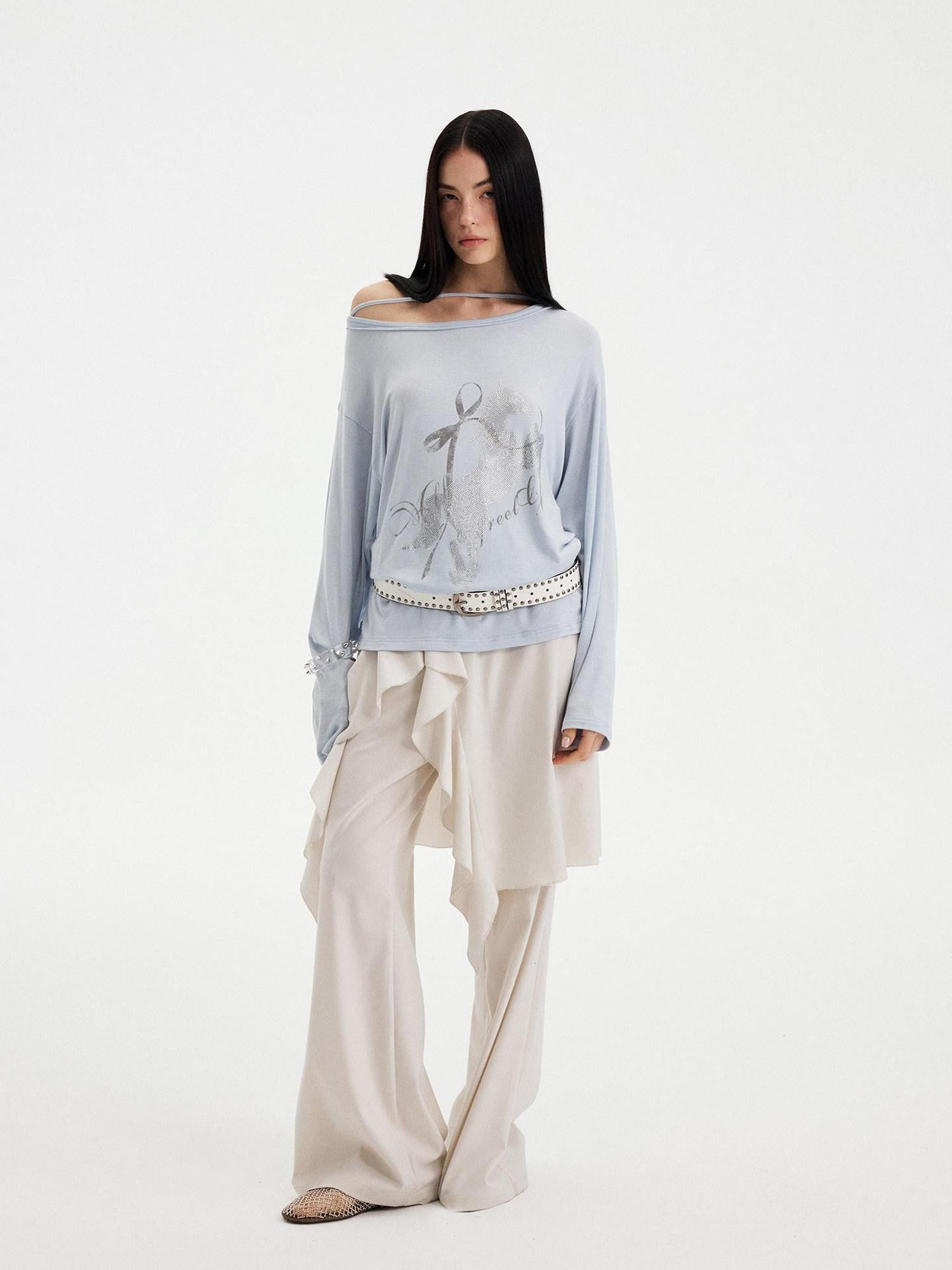 DIDDI MODA Washed Letter Rhinestone Slanted Shoulder Loose Women&