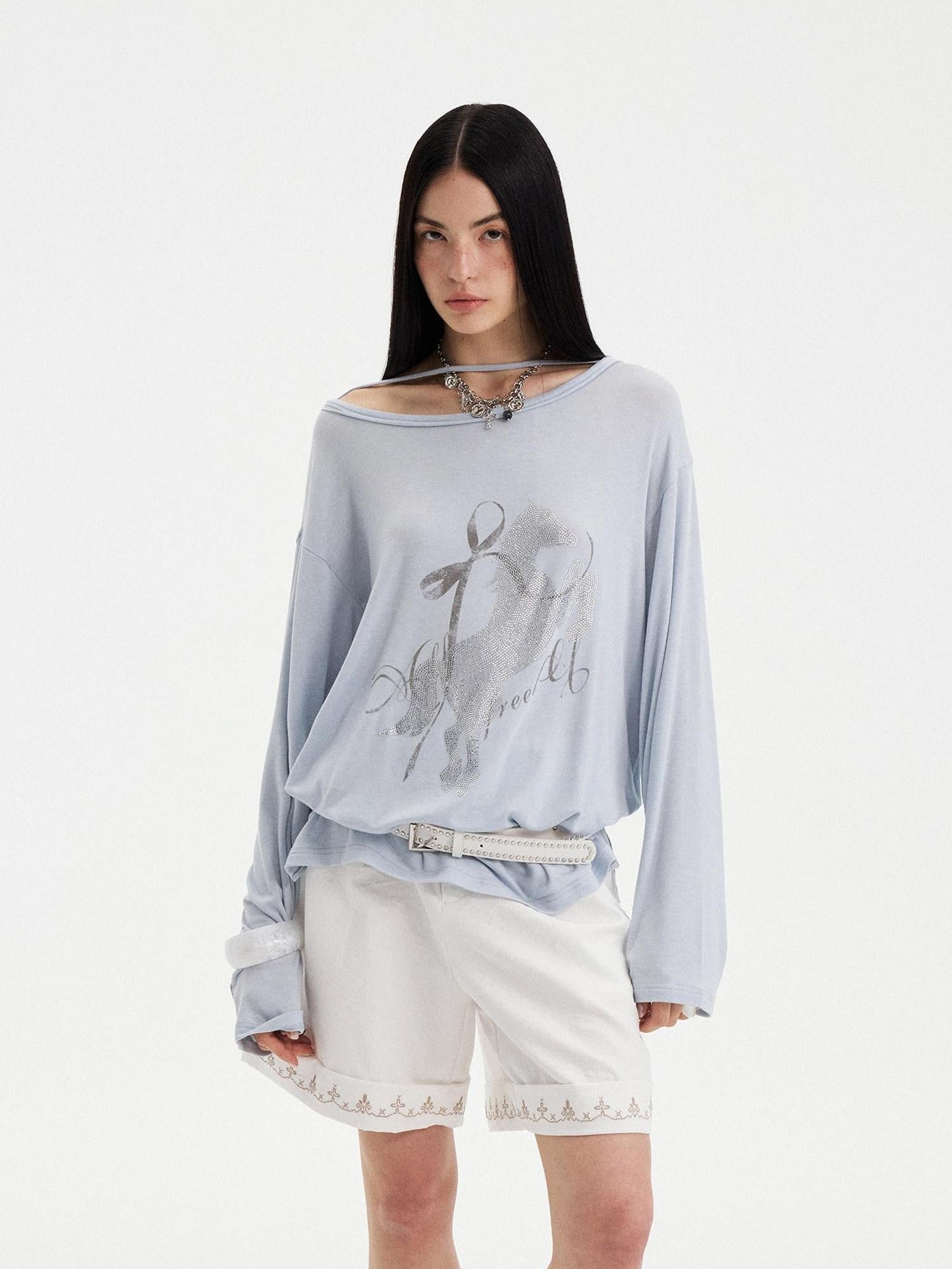 DIDDI MODA Washed Letter Rhinestone Slanted Shoulder Loose Women&