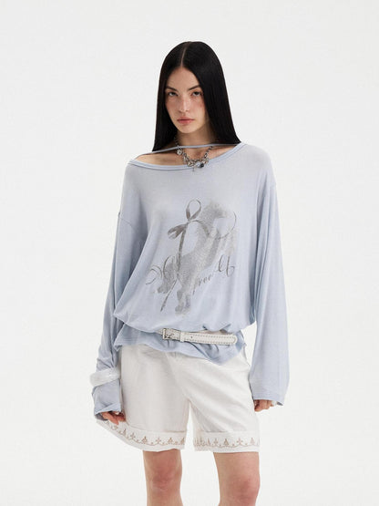 DIDDI MODA Washed Letter Rhinestone Slanted Shoulder Loose Women&