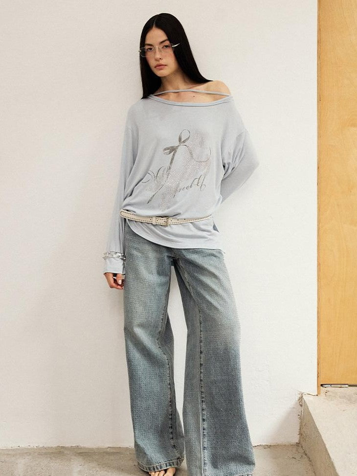 DIDDI MODA Washed Letter Rhinestone Slanted Shoulder Loose Women&