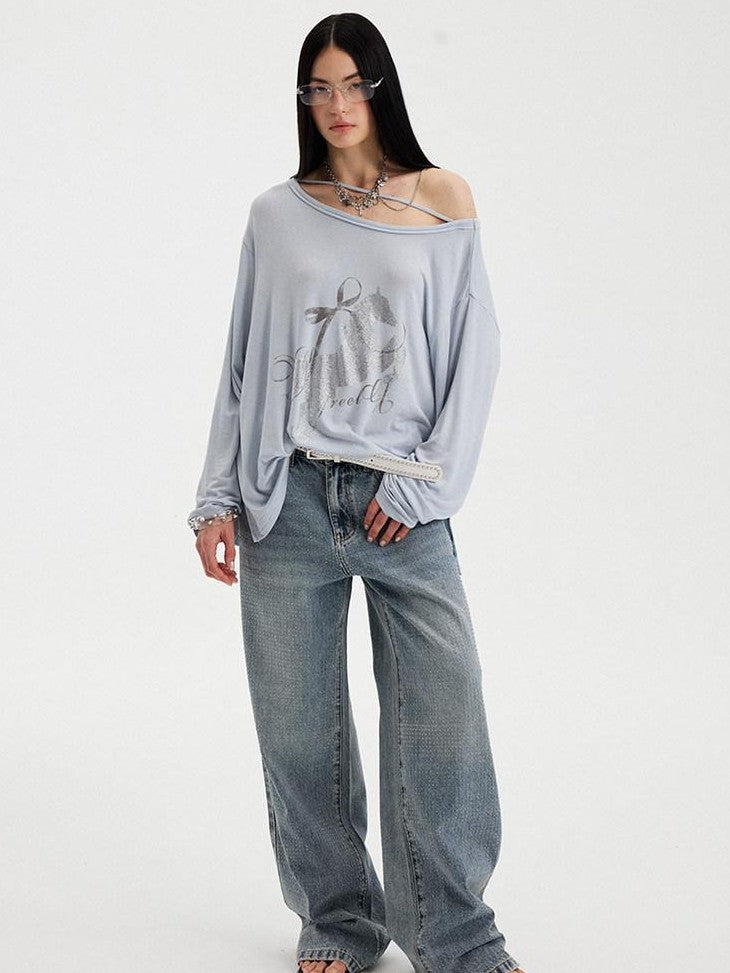 DIDDI MODA Washed Letter Rhinestone Slanted Shoulder Loose Women&