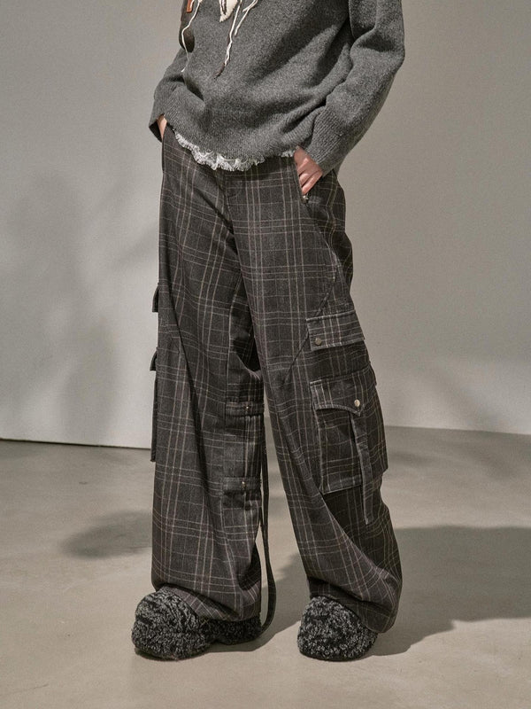Washed Plaid Utility Pocket Retro Women's Cotton Wide-leg Pants