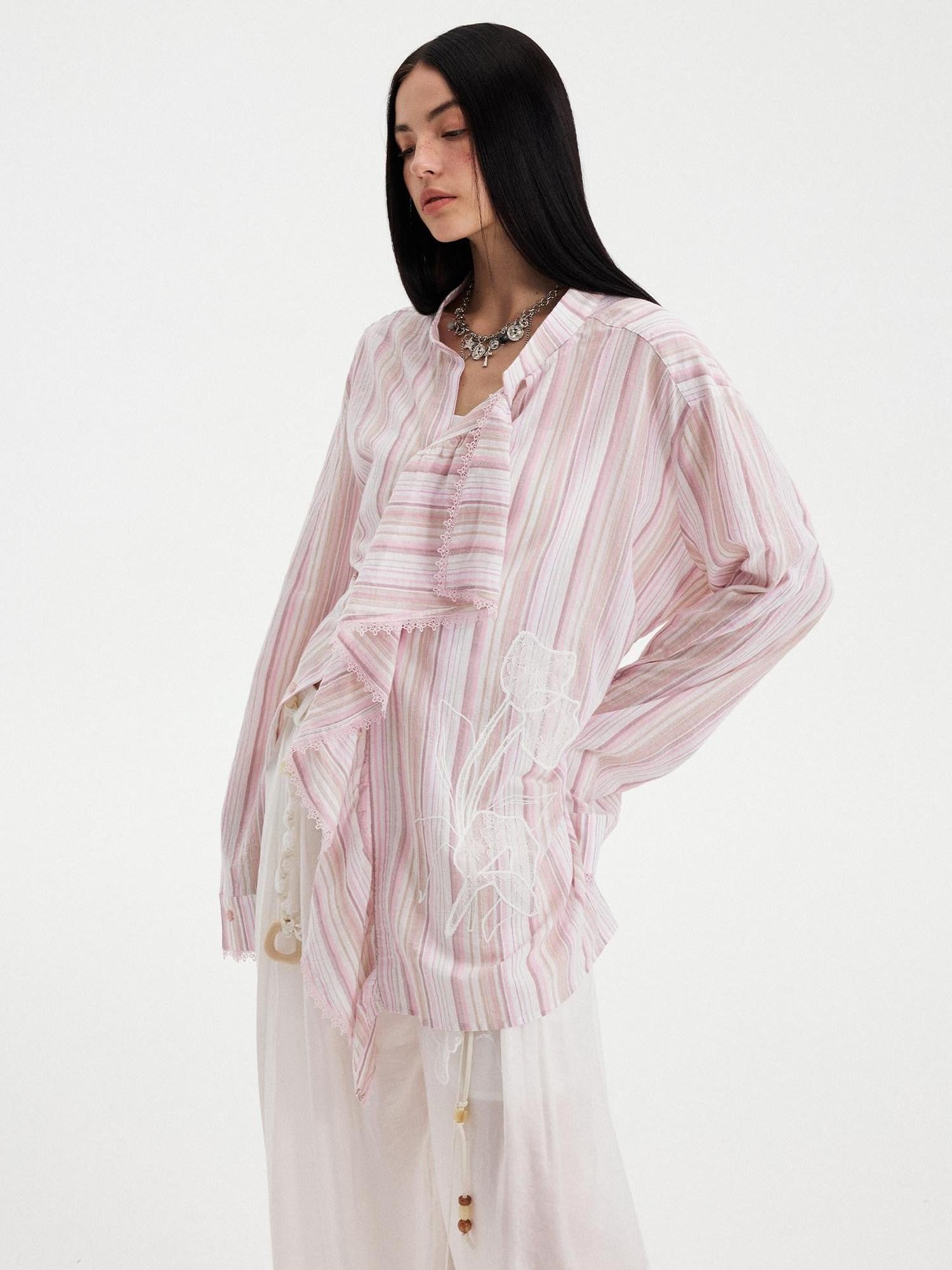 DIDDI MODA Wavy Placket Lace Applique Asymmetric Women&