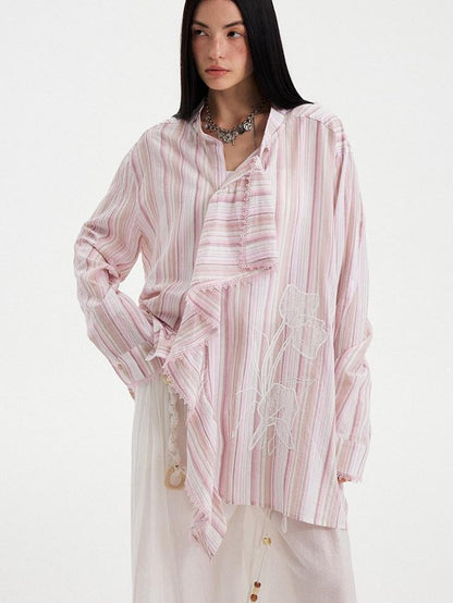 DIDDI MODA Wavy Placket Lace Applique Asymmetric Women&