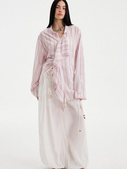 DIDDI MODA Wavy Placket Lace Applique Asymmetric Women&