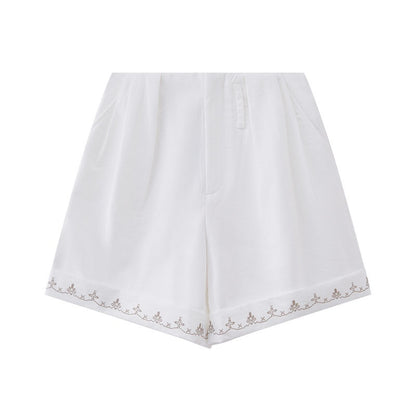 DIDDI_MODA_White_Cross_Stitch_Lace_Trim_Cuffed_Relaxed_Wide_Straight_Women&