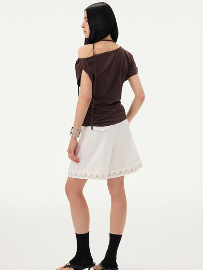 DIDDI MODA White Cross Stitch Lace Trim Cuffed Relaxed Wide Straight Women&