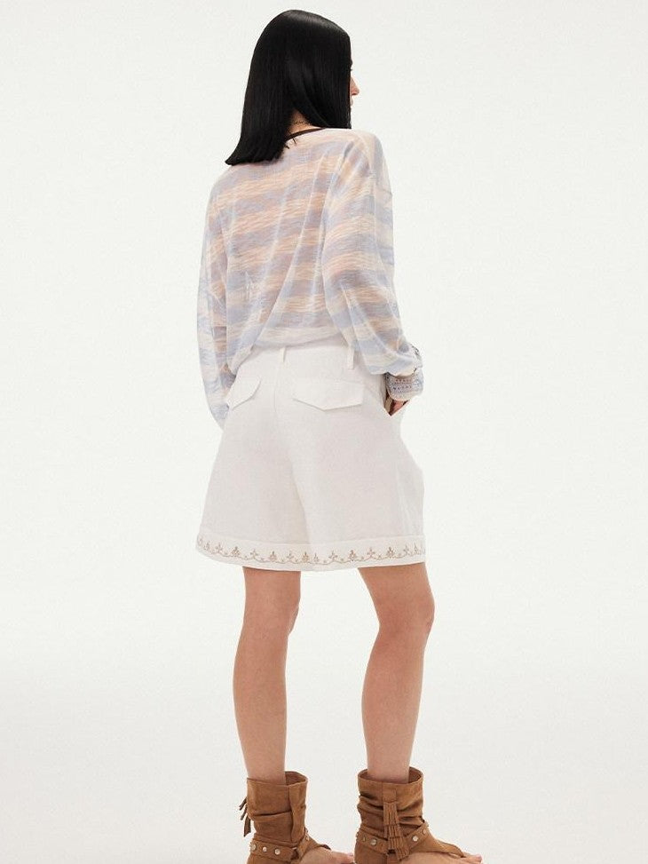 DIDDI MODA White Cross Stitch Lace Trim Cuffed Relaxed Wide Straight Women&