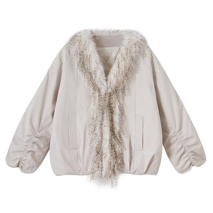 DIDDI_MODA_White_Embroidered_Fur_Collar_Drop_Shoulder_Women&