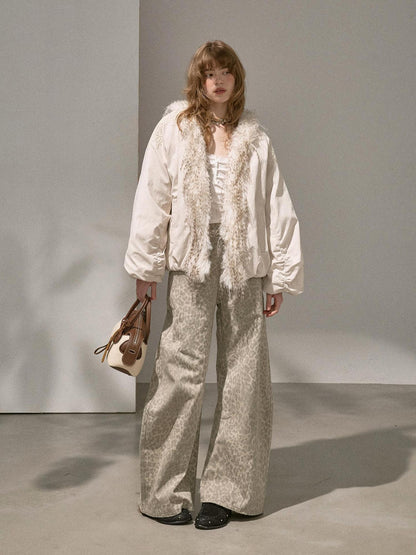 DIDDI MODA White Embroidered Fur Collar Drop Shoulder Women&