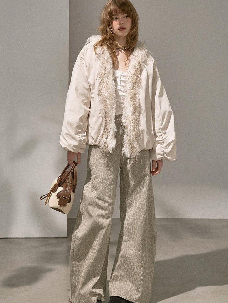 DIDDI MODA White Embroidered Fur Collar Drop Shoulder Women&