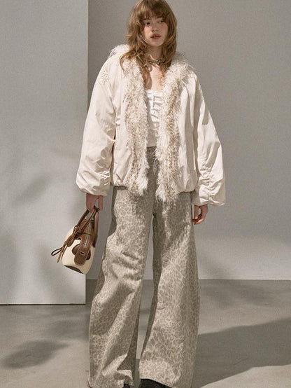 DIDDI MODA White Embroidered Fur Collar Drop Shoulder Women&