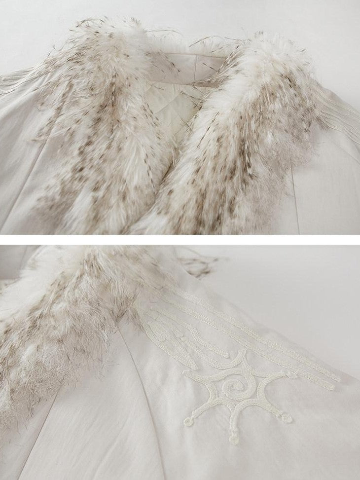 DIDDI MODA White Embroidered Fur Collar Drop Shoulder Women&