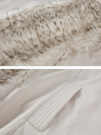 DIDDI MODA White Embroidered Fur Collar Drop Shoulder Women&