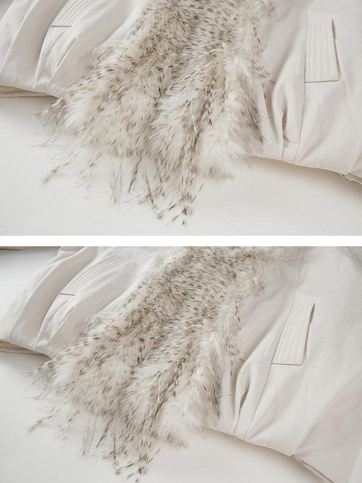 DIDDI MODA White Embroidered Fur Collar Drop Shoulder Women&