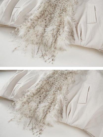 DIDDI MODA White Embroidered Fur Collar Drop Shoulder Women&