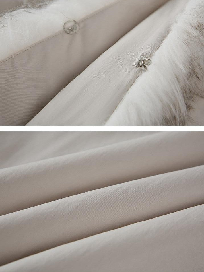 DIDDI MODA White Embroidered Fur Collar Drop Shoulder Women&