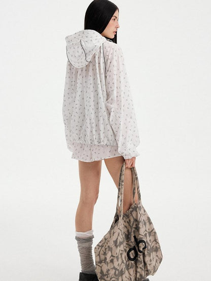 DIDDI MODA White Floral Drawstring Colorblock Loose Uv Women&