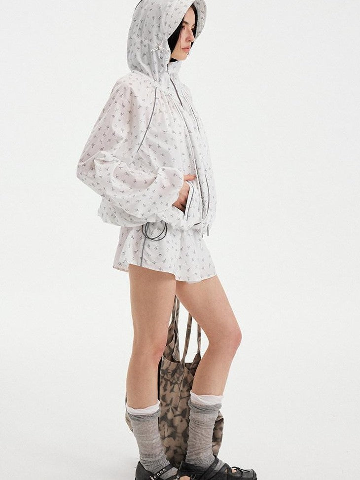 DIDDI MODA White Floral Drawstring Colorblock Loose Uv Women&