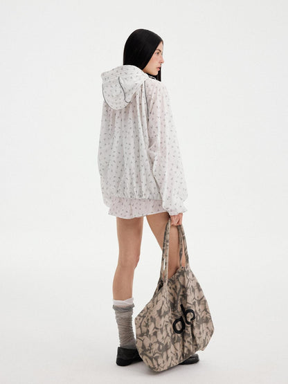 DIDDI MODA White Floral Drawstring Colorblock Loose Uv Women&