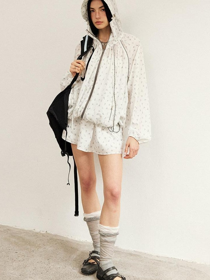 DIDDI MODA White Floral Drawstring Colorblock Loose Uv Women&