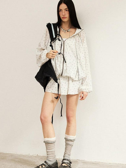 DIDDI MODA White Floral Drawstring Colorblock Loose Uv Women&