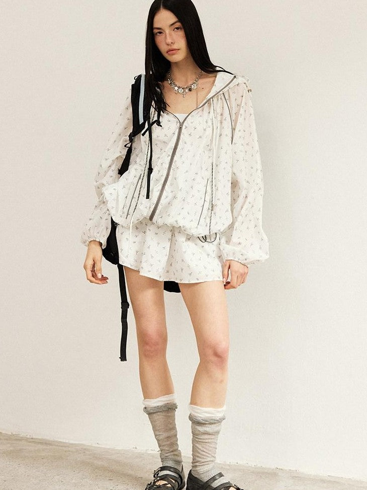 DIDDI MODA White Floral Drawstring Colorblock Loose Uv Women&