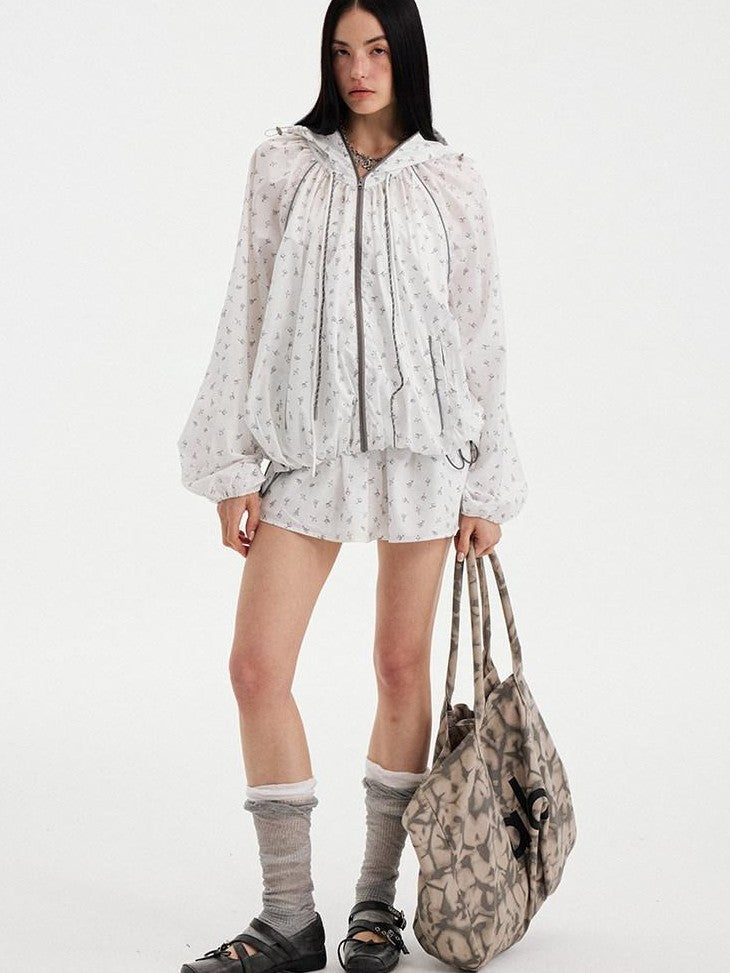 DIDDI MODA White Floral Drawstring Colorblock Loose Uv Women&
