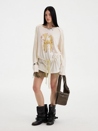 DIDDI MODA White Floral Pony Drawstring Round Neck Women&