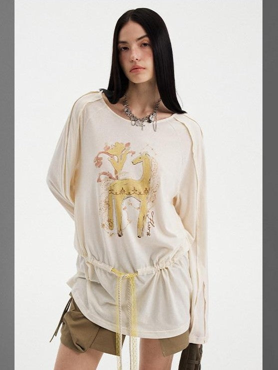 DIDDI MODA White Floral Pony Drawstring Round Neck Women&