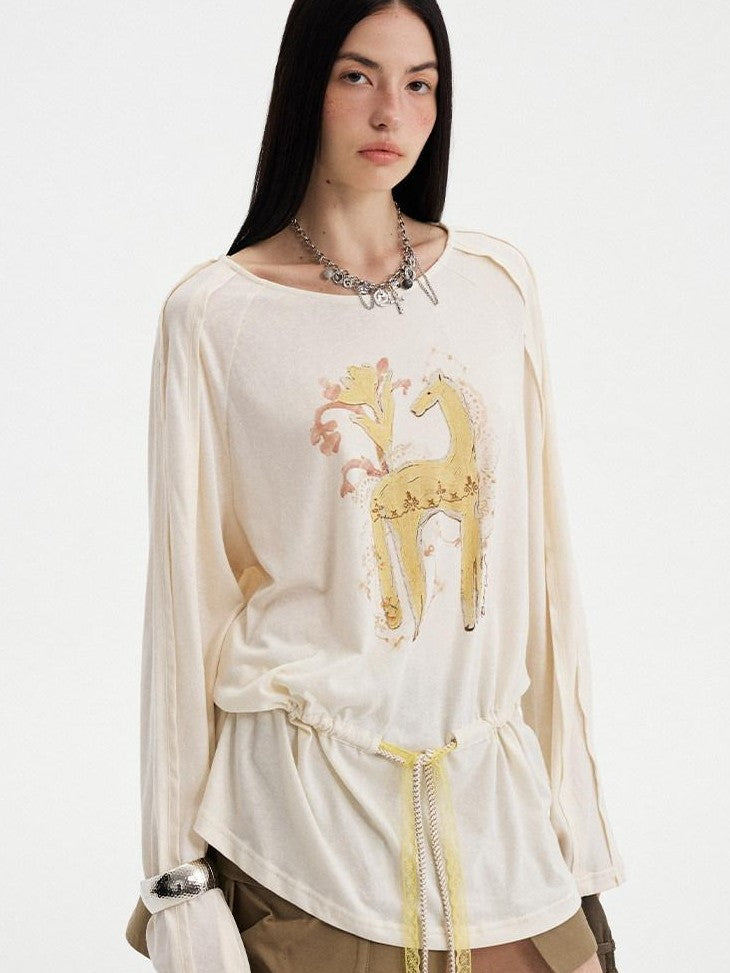 DIDDI MODA White Floral Pony Drawstring Round Neck Women&