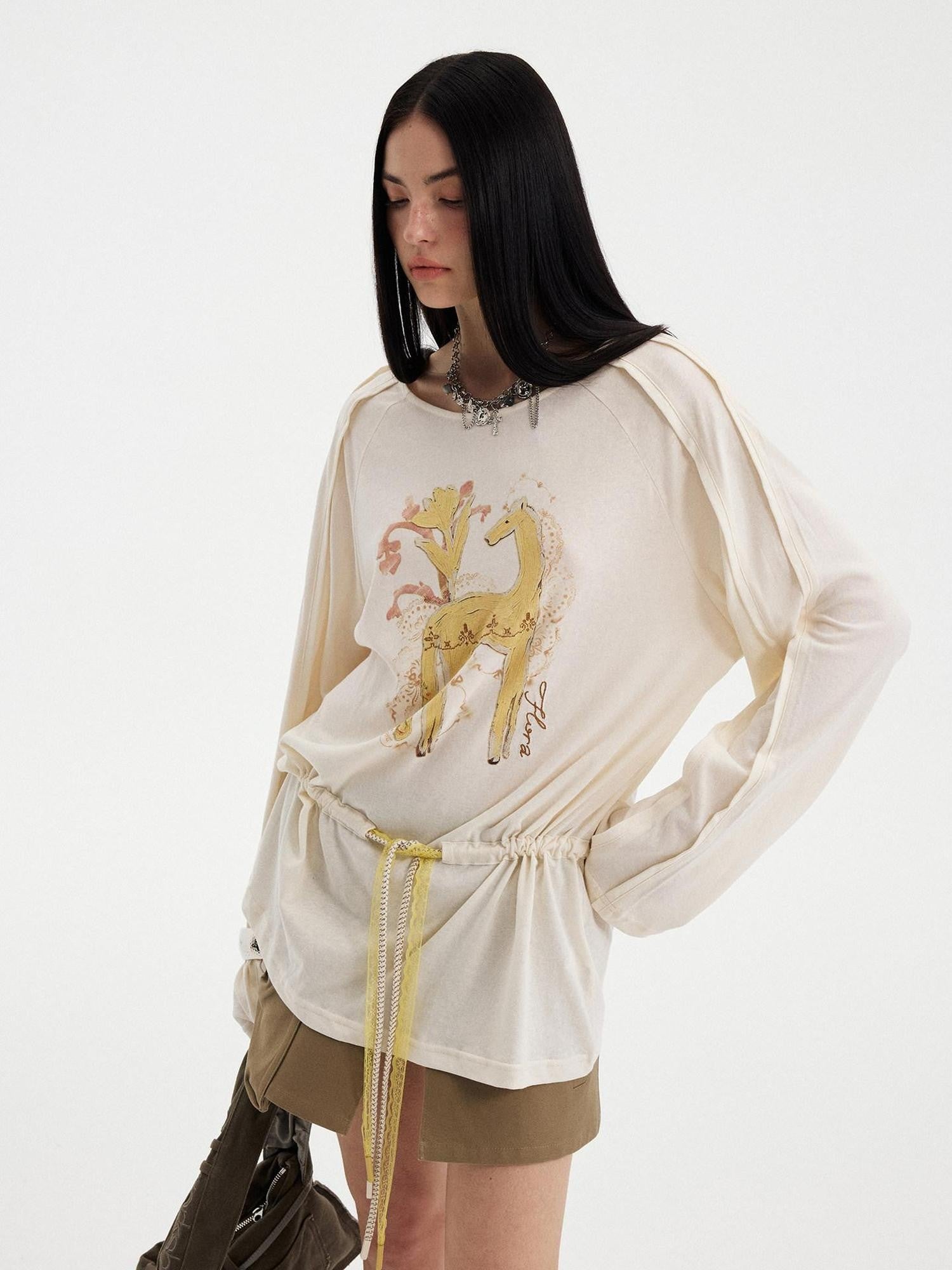 DIDDI MODA White Floral Pony Drawstring Round Neck Women&