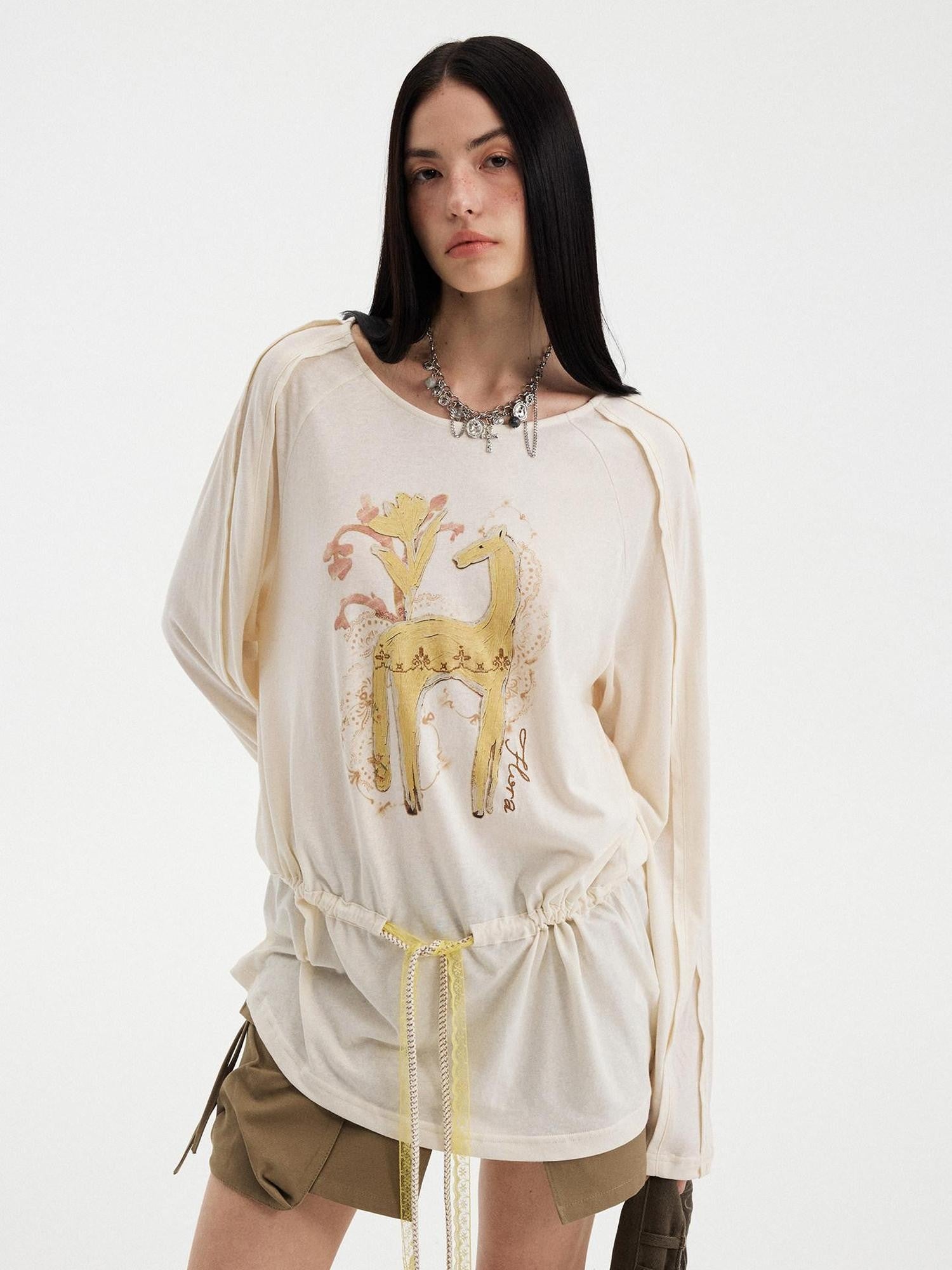 DIDDI MODA White Floral Pony Drawstring Round Neck Women&
