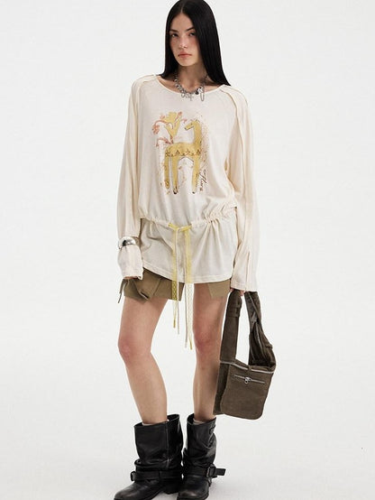 DIDDI MODA White Floral Pony Drawstring Round Neck Women&