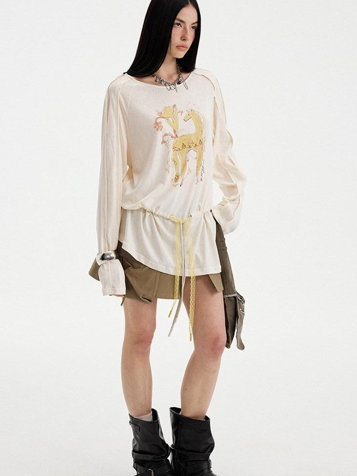 DIDDI MODA White Floral Pony Drawstring Round Neck Women&